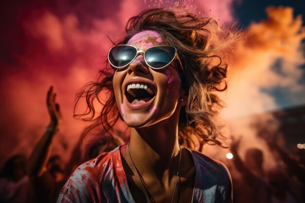 Mujer emocionada con gafas gritando en la fiesta de Holi con humo de colores