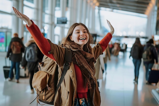 Foto mujer emocionada lleva una mochila en el aeropuerto