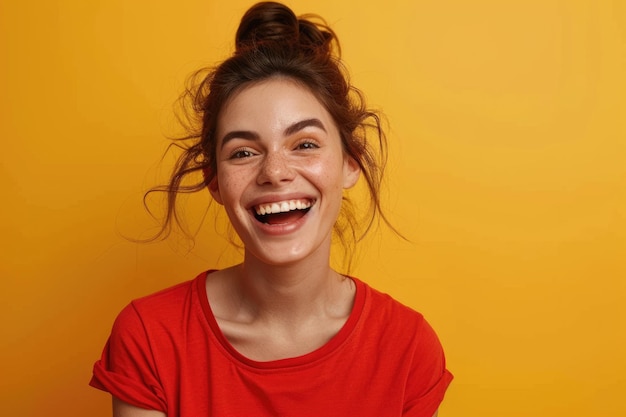 Mujer emocionada con una sonrisa perfecta en camisa roja sobre fondo amarillo