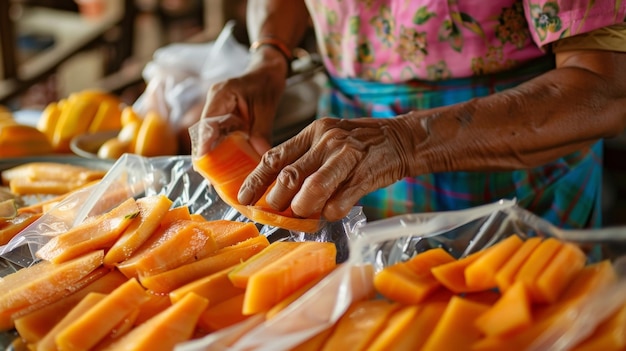 Foto una mujer empacando suavemente papayas cortadas en bolsas de plástico herméticas que se congelarán y conservarán