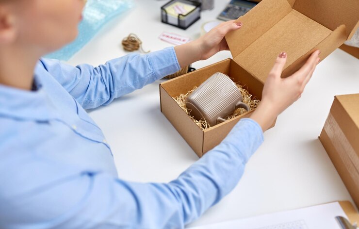 Foto mujer empacando taza a la caja de paquetes en la oficina de correos