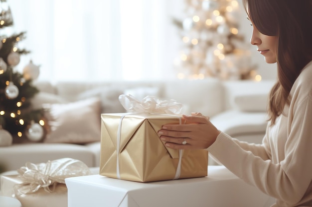 Mujer empaquetando un montón de regalos de Navidad en la sala de estar decorada idea del espíritu de Navidad
