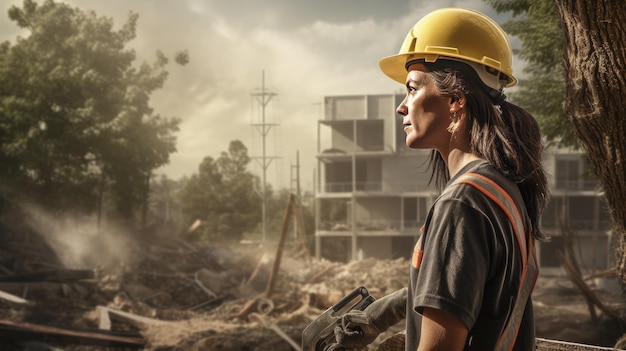 Mujer empoderada que lidera el camino Una sorprendente instantánea de una trabajadora de la construcción en un lugar de trabajo c