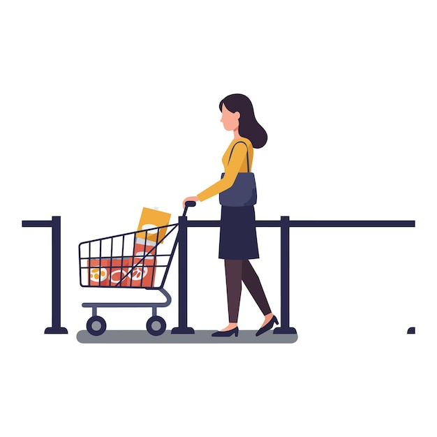 Mujer empujando el carrito de compras en una ilustración vectorial de diseño plano mínimo