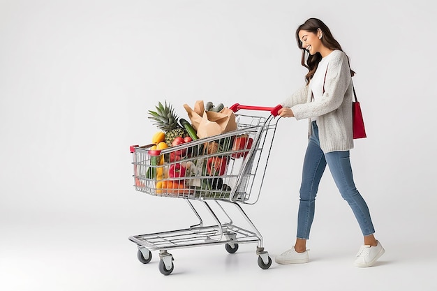 Mujer empujando el carrito de compras sobre un fondo blanco