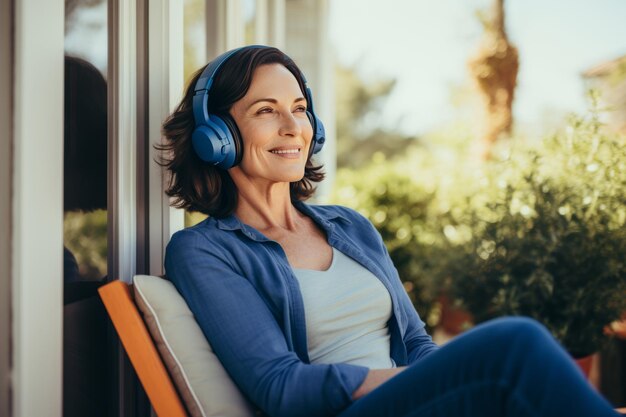Foto mujer encantadora con auriculares se sienta en un cómodo sillón en una casa de campo dama caucásica de mediana edad escucha música y disfruta del silencio de su jardín ocio y relajación