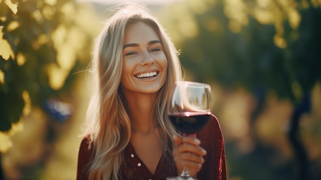 Foto mujer encantadora disfrutando de pruebas de vino al aire libre del viñedo