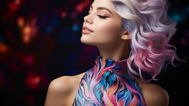 Una mujer encantadora sobre un fondo blanco con tatuajes en el cuello en colores vibrantes.