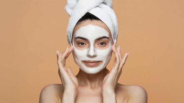 Una mujer encantadora tiene una piel delicada y suave usa una máscara de crema en la cara para reducir el acné tiene un complejo saludable