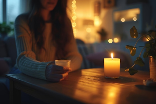 Mujer encendiendo una vela en una mesa de madera en un primer plano de la sala de estar