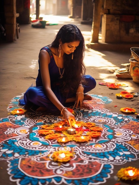 Una mujer enciende una vela en una alfombra en un templo.