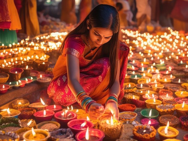 Una mujer enciende velas en un festival de diwali.