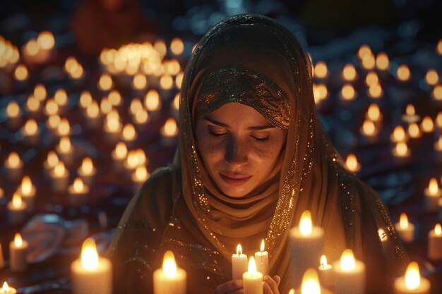 Foto una mujer enciende velas en una iglesia con una luz en el fondo