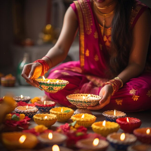 Una mujer enciende velas con una vela en la mano.