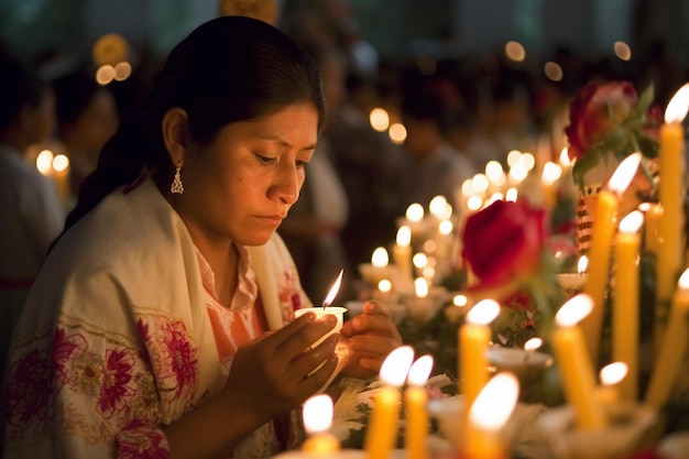 Una mujer enciende velas en una vigilia por los muertos de los muertos.