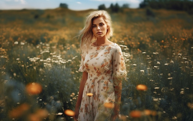 Una mujer se encuentra en un campo de flores.