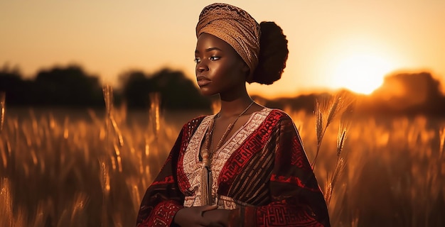 Una mujer se encuentra en un campo de trigo al atardecer.