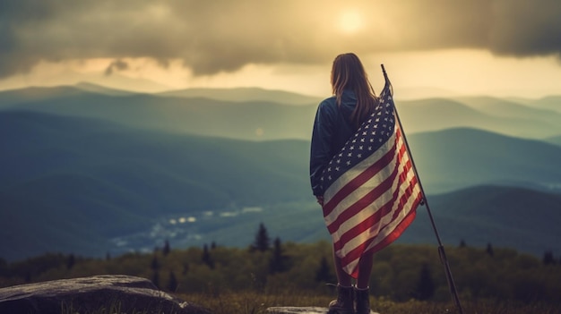 Una mujer se encuentra en una colina con una bandera americana en el fondogenerativ e ai