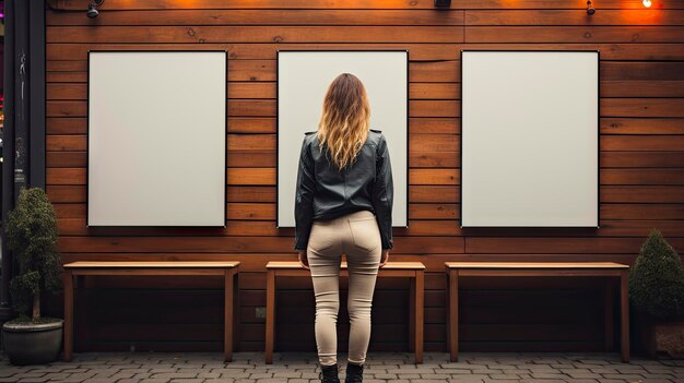 Foto una mujer se encuentra frente a una pared de madera con pinturas.