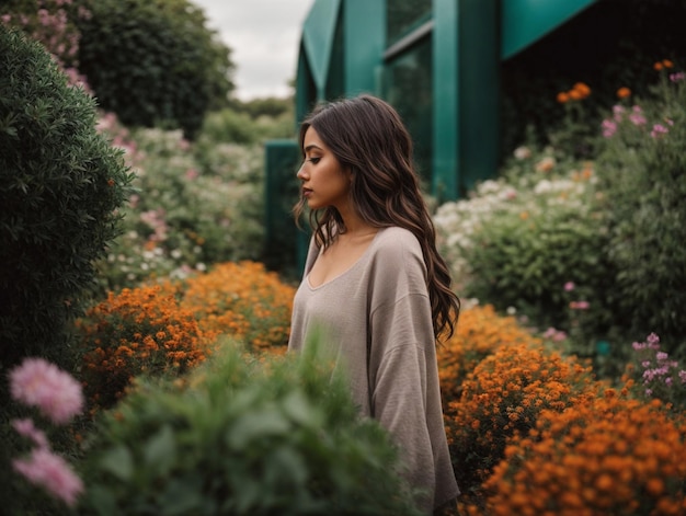 una mujer se encuentra en un jardín de flores