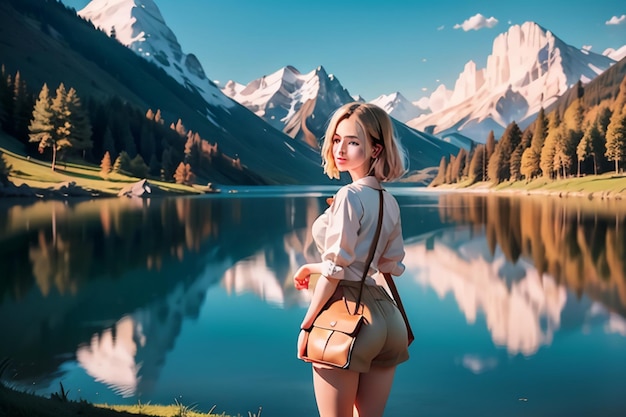 Una mujer se encuentra junto a un lago frente a una cadena montañosa.