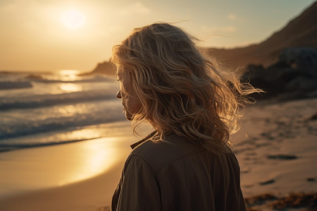 Una mujer se encuentra en una playa mirando la puesta de sol.