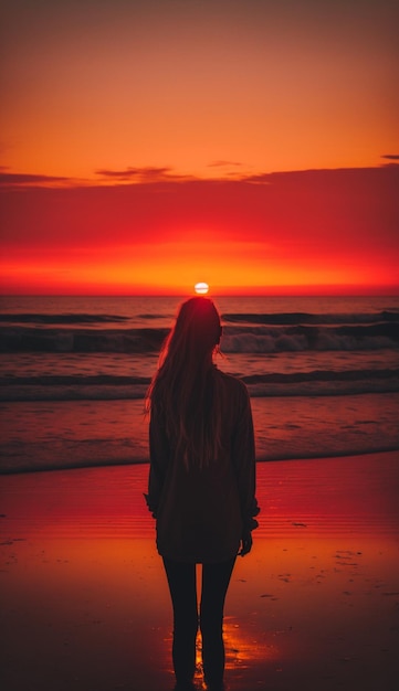 Una mujer se encuentra en una playa mirando la puesta de sol.