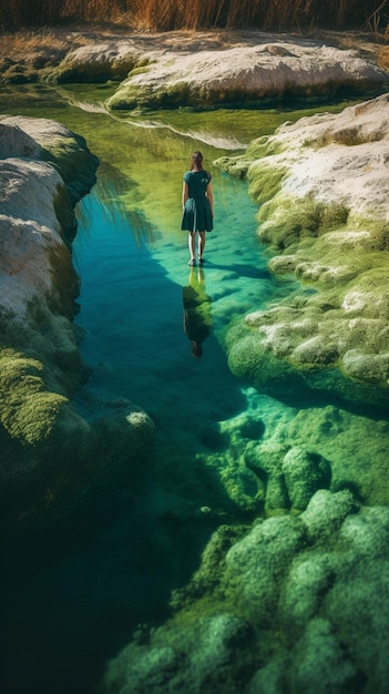 Una mujer se encuentra en un río con el sol brillando en su rostro.