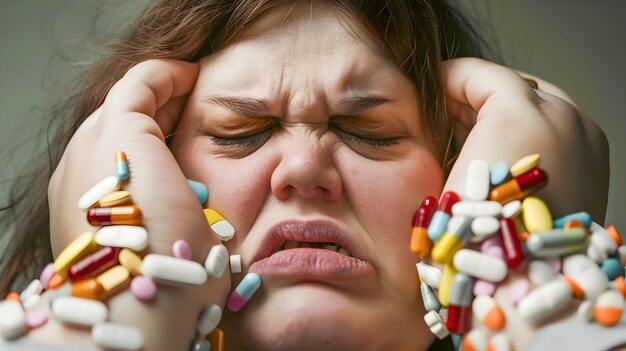 Mujer enfatizando la emoción con un montón de pastillas