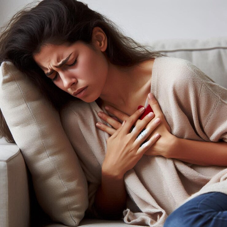 La mujer enferma se agarra el pecho en el sofá dolor agudo posible ataque al corazón