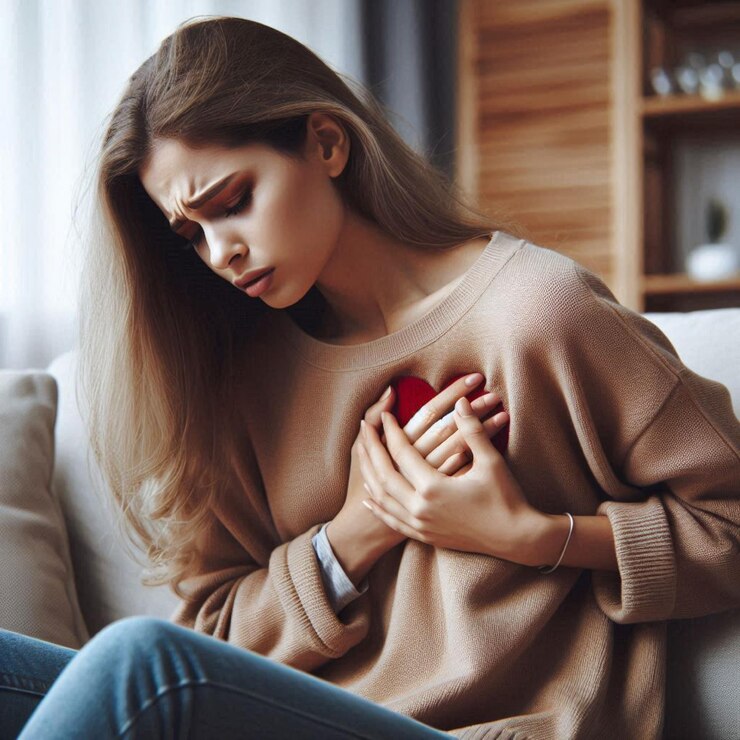 La mujer enferma se agarra el pecho en el sofá dolor agudo posible ataque al corazón