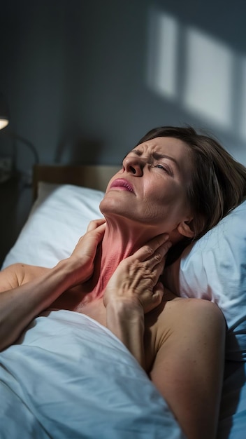 Mujer enferma cansada en la cama tocando su cuello sufriendo de dolor