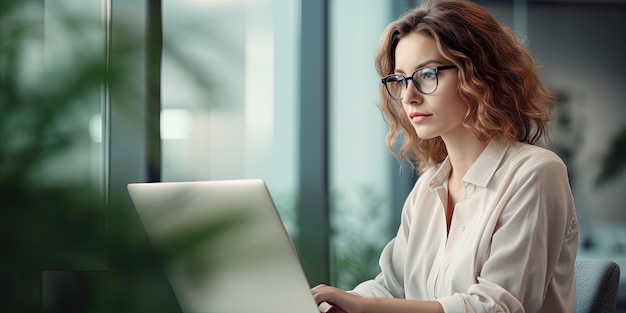 Mujer enfocada en gafas trabajando en la computadora portátil