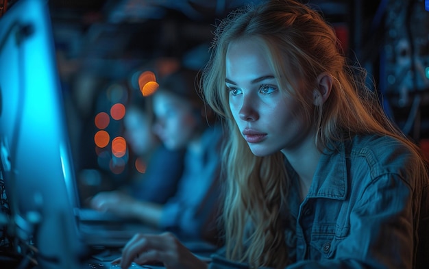 Mujer enfocada trabajando en una computadora en un entorno tecnológico oscuro con iluminación azul ambiental