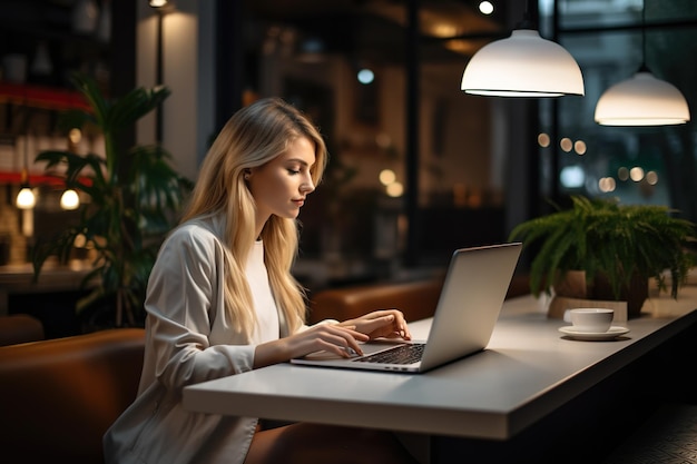 Mujer enfocada trabajando en una mesa en un café usando su computadora portátil Hecho con IA generativa