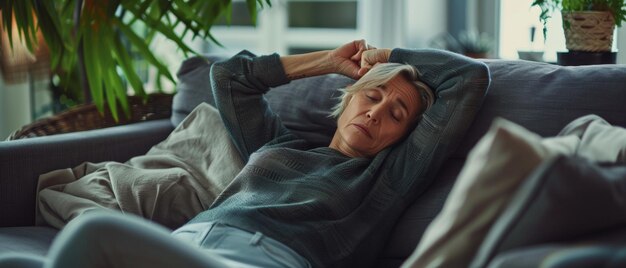 Una mujer se enfría en el consuelo de una siesta pacífica en su acogedor sofá