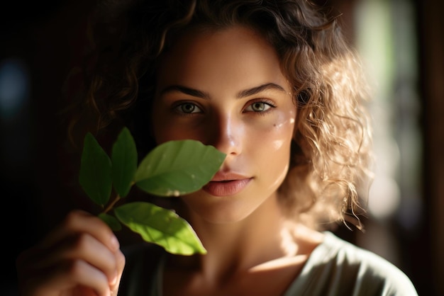 Mujer enigmática con cabello rizado y ojos llamativos mirando a través de hojas verdes evocando una conexión misteriosa con la naturaleza
