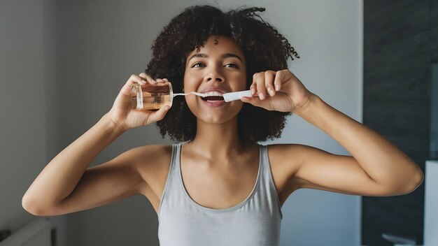 Mujer enjuagando la boca con enjuague bucal después de cepillarse después de despertarse para comenzar sus mañanas