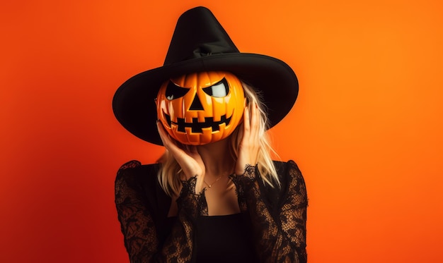 mujer enmascarada con calabaza de Halloween en un fondo amarillo