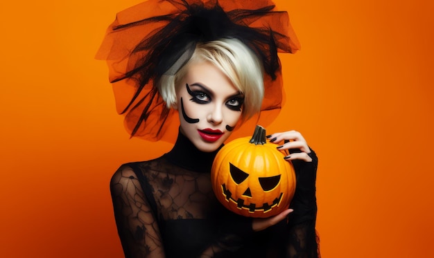 mujer enmascarada con calabaza de halloween en un fondo amarillo