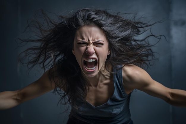 una mujer enojada con la boca abierta y el pelo al viento