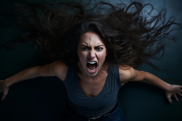 Foto una mujer enojada con el pelo largo y la boca abierta sobre un fondo oscuro