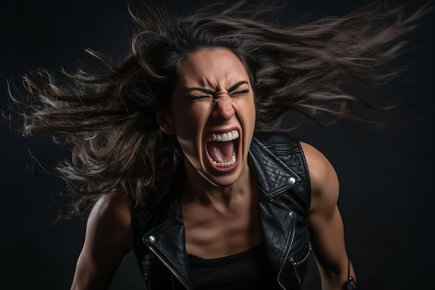 una mujer enojada con el pelo ondeando al viento