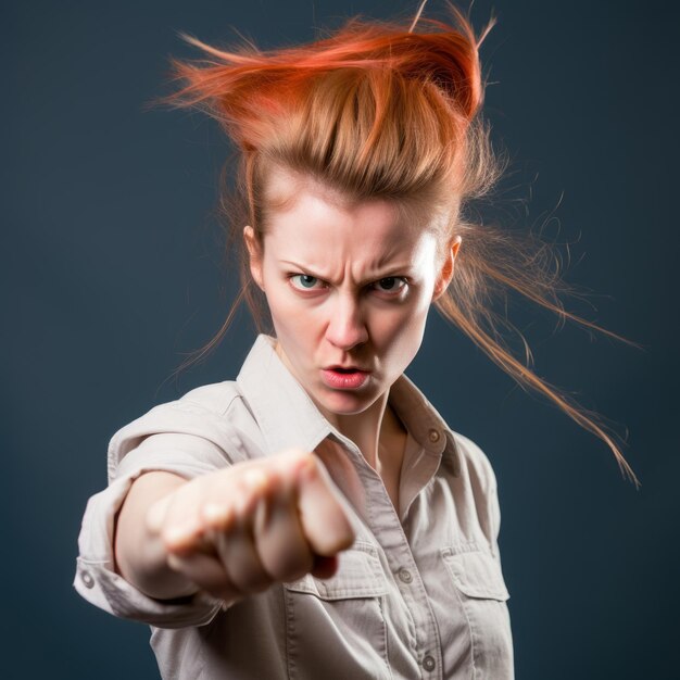 mujer enojada con el pelo rojo apuntando a la cámara