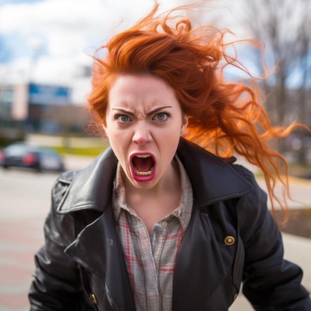 mujer enojada con el pelo rojo gritando en la calle