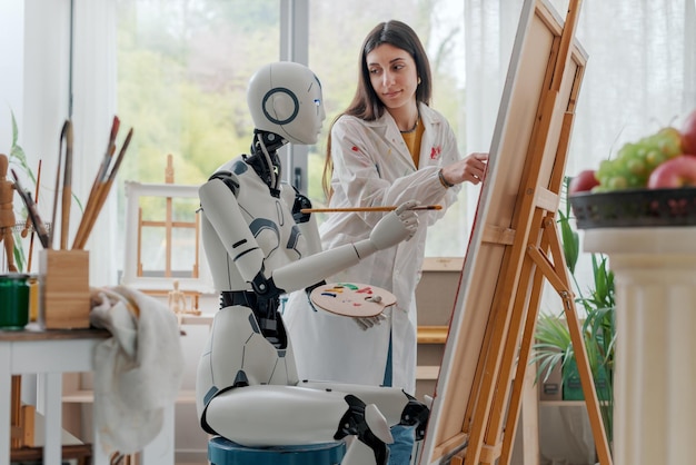 Mujer enseñando arte a un robot