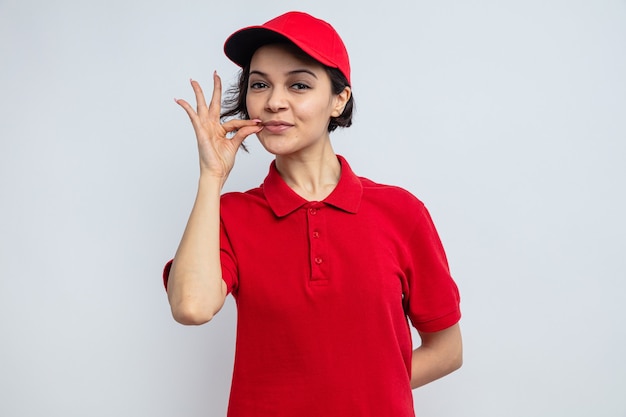 Mujer de entrega bonita joven complacida cerrando la boca y mirando