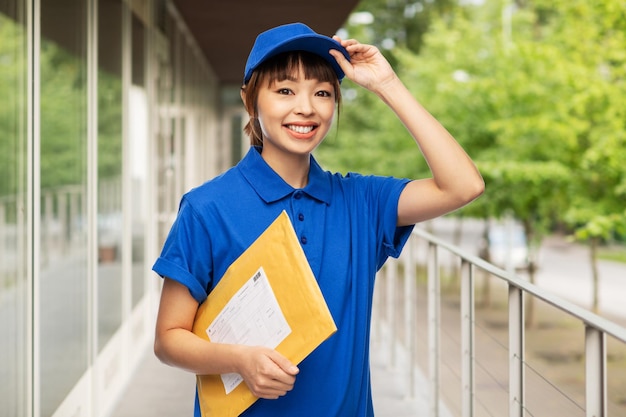 mujer de entrega feliz sosteniendo un sobre de paquete