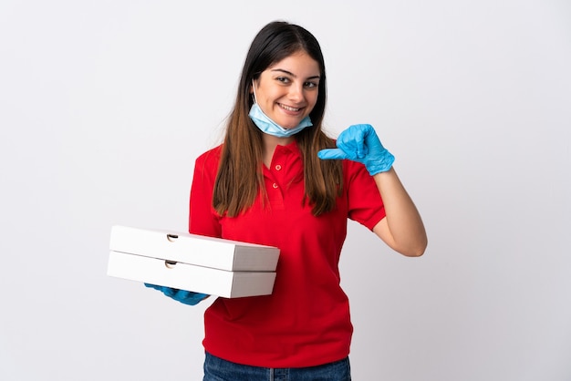 Mujer de entrega de pizza con pizzas