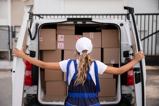 Foto mujer de entrega de tiro medio con furgoneta